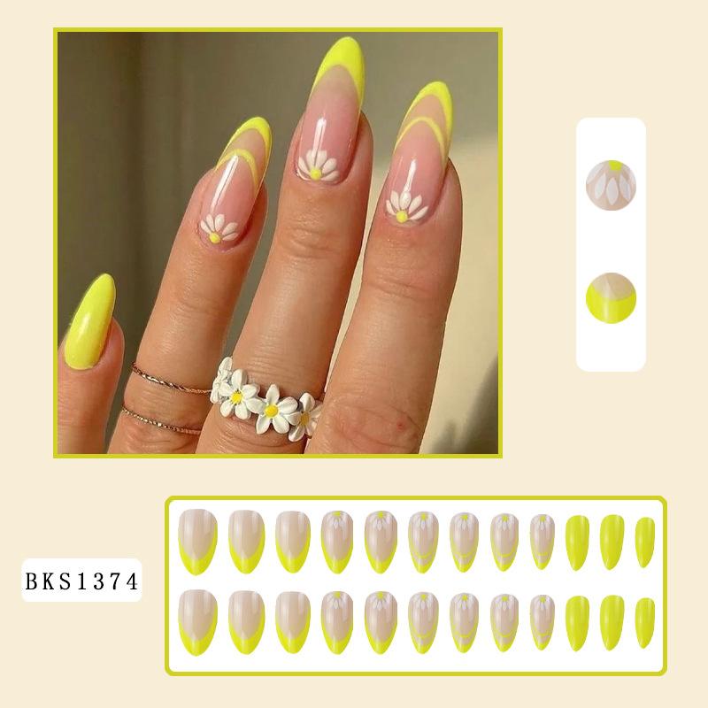 24PCS/SET Quick Nails Flower Diamond Manicure Long Ballet False Nails Waterproof Wearable Ready-made Nail Stickers