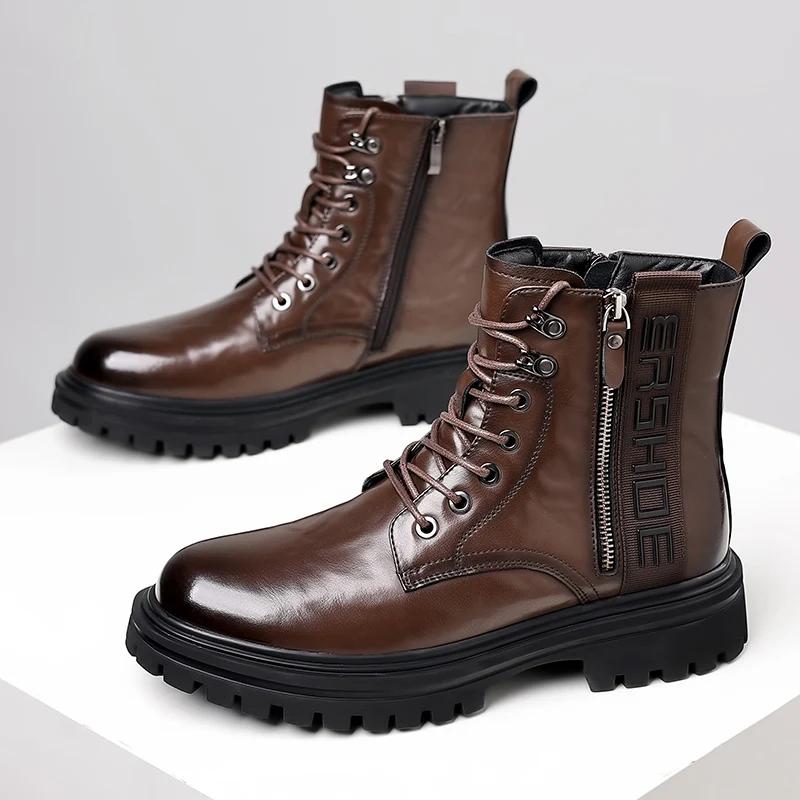 Mens Oxford Casual Shoes Punk Style Genuine Leather Motorcycle Boots High Top Versatile Classics Male Boots Warm Winter Footwear