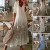 Women Dress Half Sleeves Flower Print A-line Loose Hem V Neck Soft Long Tassel Decor Shirring Ankle Length Vacation Beach Maxi Dress