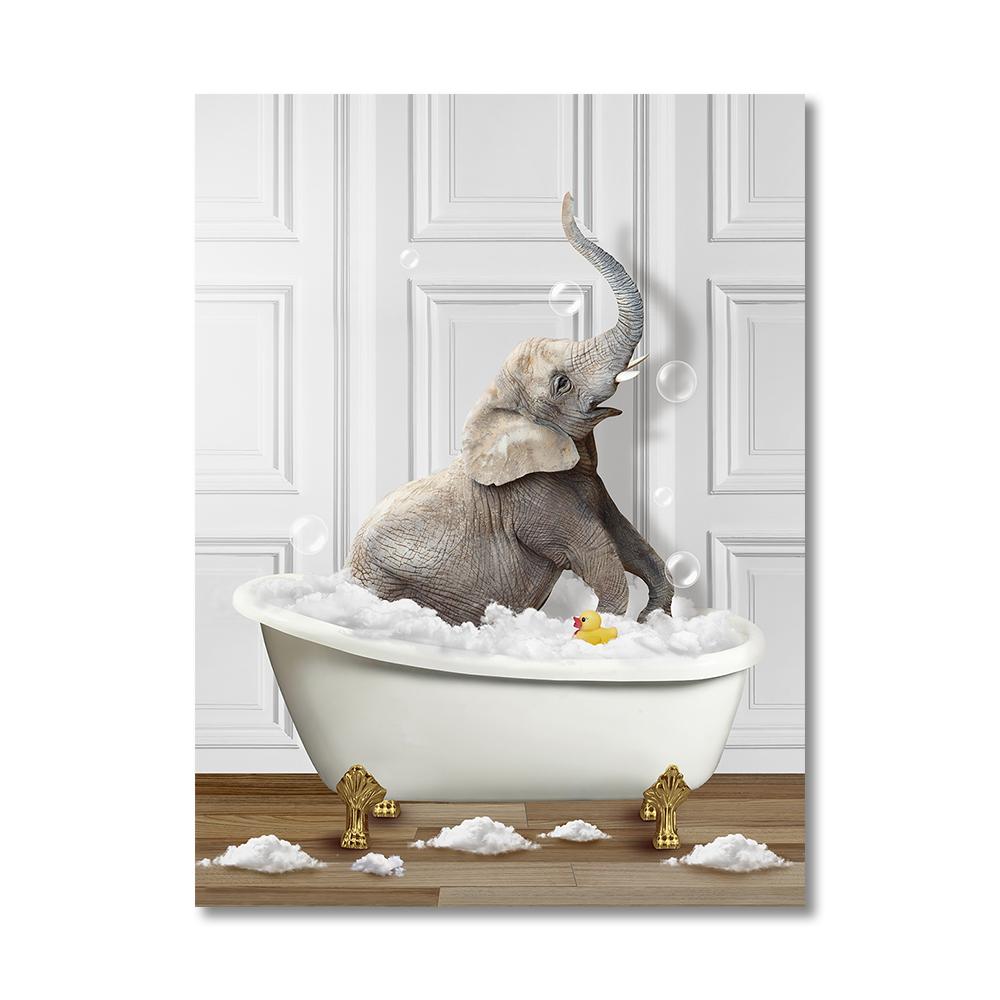 Забавные животные Настенное искусство Постеры Принты Купающийся жираф Пингвин Слон Зебра Холст Живопись Картина для Ванной Комнаты Комнаты Домашний Декор