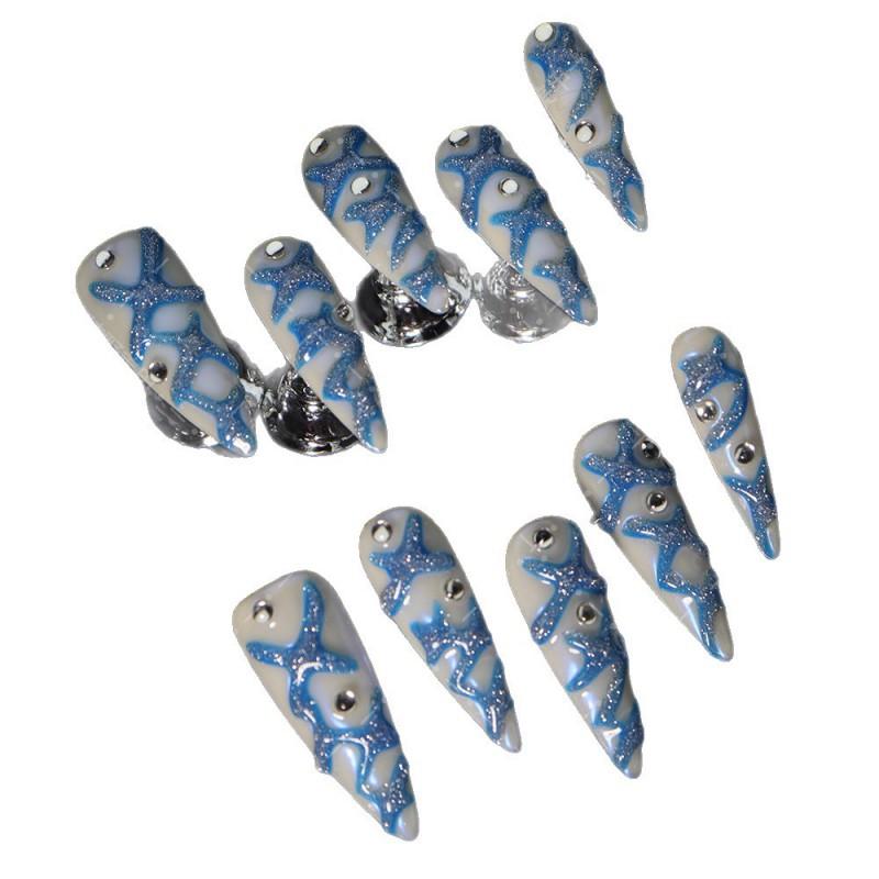 Long Pointed Press-On Nails With Hand-Painted 3D Embossed Line Minimalist Blue A2457 Women