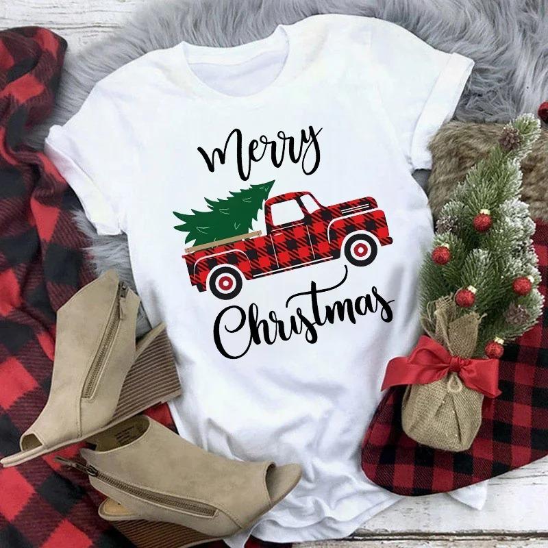 Truck SnowUnisex Family Christmas TShirt Womens Short Sleeve Cute Casual Top Cartoon SnowUnisex with Santa Hat Print