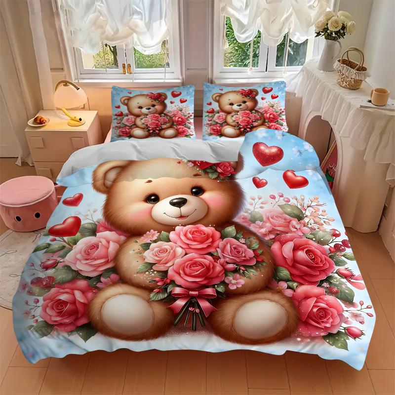 Teddy Bear Roses Print 3Pcs Bedding Setduvet Cover With 2 Bedropillowcase Home Birthday Gift