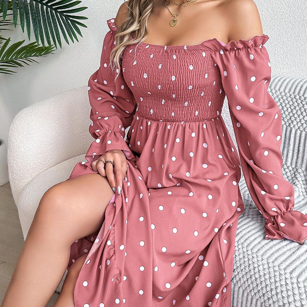 Женское осенне-зимнее темпераментное однотонное плиссированное платье в горошек с высокой талией и длинными рукавами