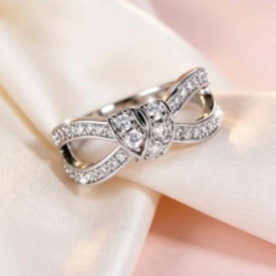 French-style double-layer diamond-studded bow ring High-shine heart-shaped cubic zirconia luxury jewelry