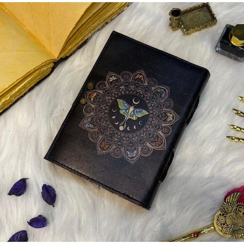 Luna Moon Moth Leather Journal – Handmade Vintage Diary with Botanical & Mushroom Art, Antique Lock, Yellow Deckle Pages