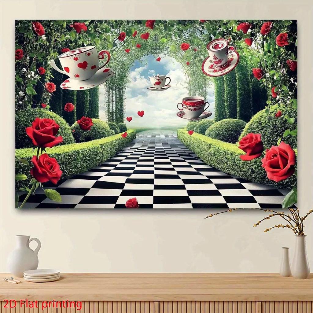 2D Flat, 2D Flat Printed Whimsical Tea Party Backdrop with Roses and Checkered DJH