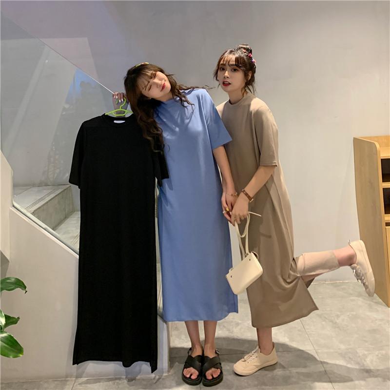 Summer Casual Long Knee Split Short Sleeve Nightgown Women's Plus Size Loose Straight T-Shirt Dress