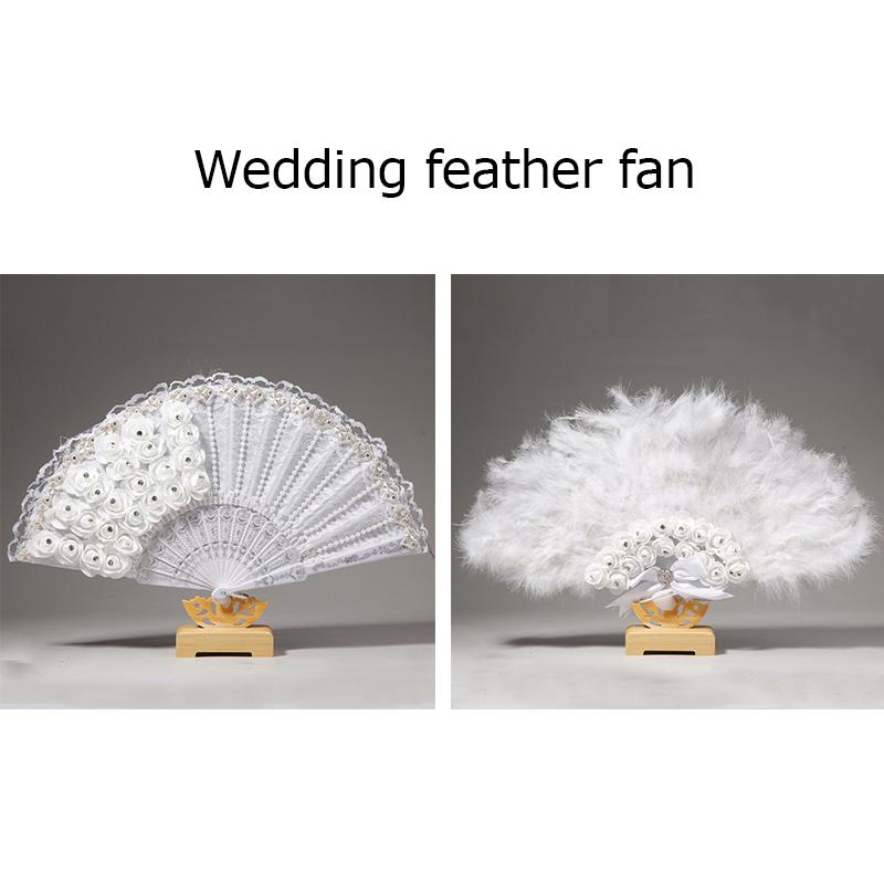 Свадебный веер с перьями, двухслойный кружевной пластиковый веер, элегантный веер с белыми перьями