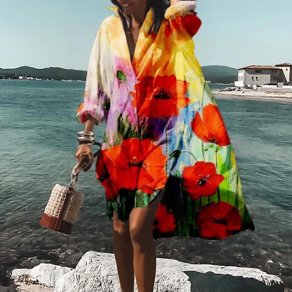 Women Summer Bohemian Dress Casual Print Shirt Dress For Women Fashion Long Sleeve Beach Hawaiian Cover Ups Dresses Clubwear Button Down