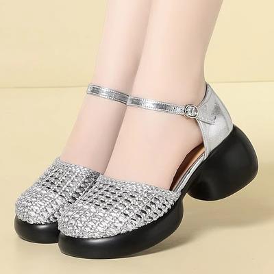 Туфли с круглым носком и вырезом, сандалии из натуральной кожи, летние 2025, женские сандалии на среднем блочном каблуке для офиса, работы, на каждый день