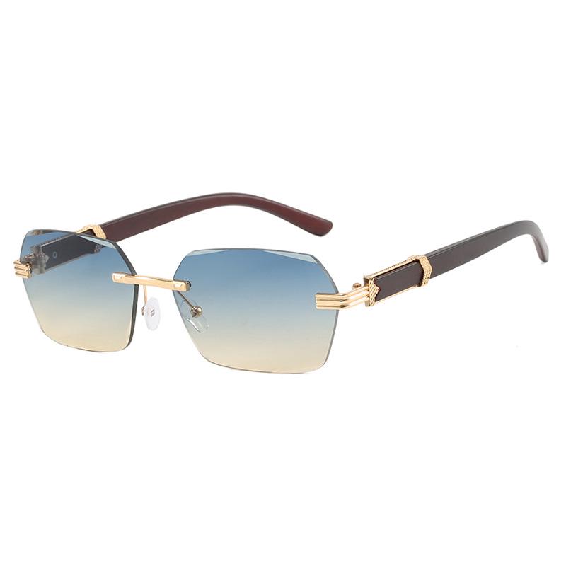 Трендовые безободковые солнцезащитные очки неправильной квадратной формы с маленькими дужками под дерево