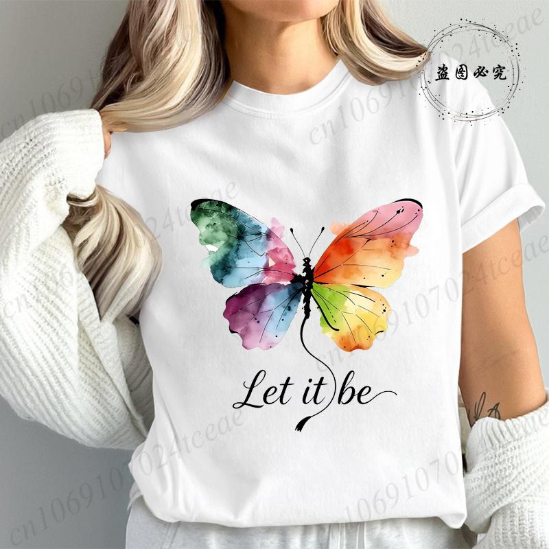 Футболка High Street Let It Be с принтом радужной бабочки Модная футболка Женская футболка с акварельной бабочкой Летние брендовые топы