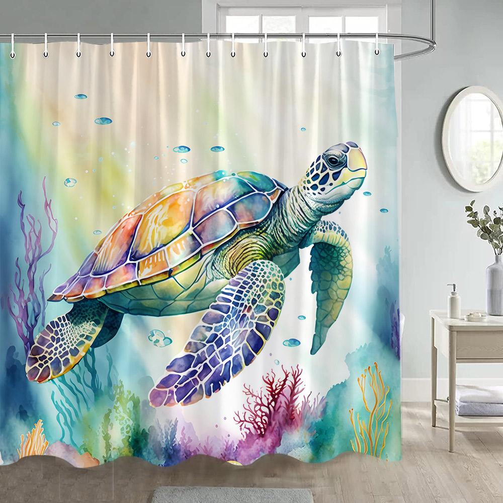 Sea Turtle Shower Curtains Watercolour Ocean Animals Fish Coral Water Plants Underwater Scenery Home Bathroom Curtain Decor Set