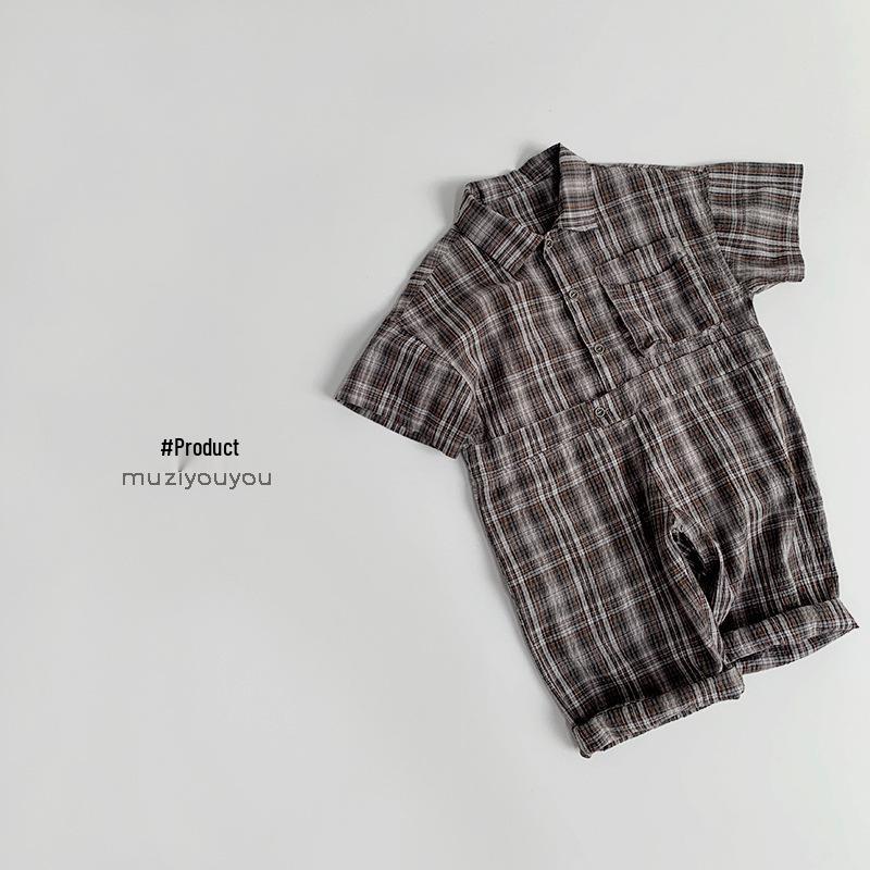 Детский клетчатый комбинезон в корейском стиле 2025: Весенне-летний ромпер для мальчиков и девочек