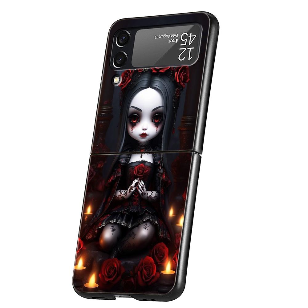 Hard PC Phone Case For Samsung Galaxy Z Flip 7 6 5 4 Black Cover For Galaxy Z Flip 3 Foldable Dark Cute Girl Doll Art Creative
