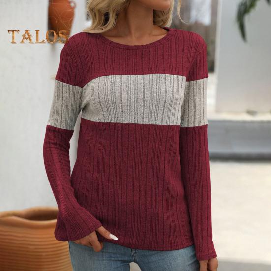 Женские топы с круглым вырезом и длинным рукавом, цветные ребристые трикотажные топы свободного кроя, повседневные свитера, повседневная одежда