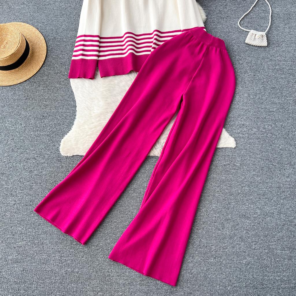 Осень-весна повседневные трикотажные комплекты с высоким воротником в полоску пуловер с разрезом + широкие длинные брюки женский модный свободный костюм-свитер