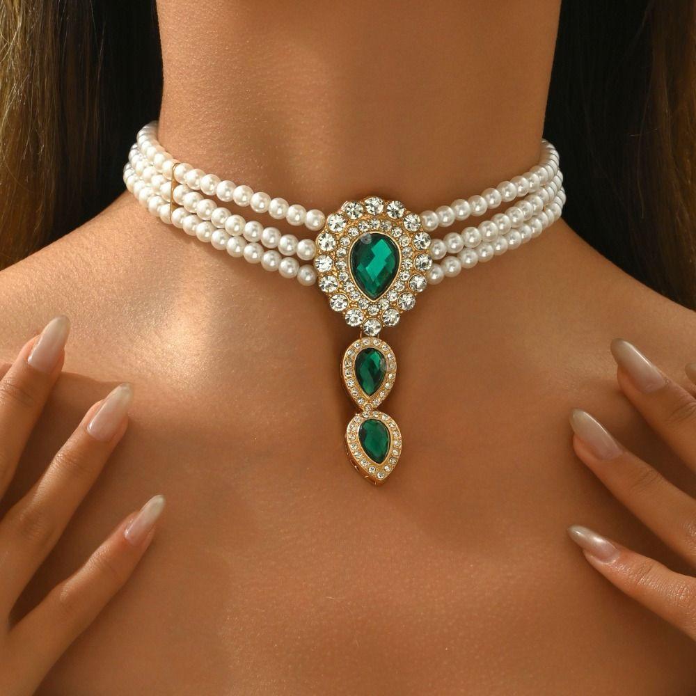 Luxury Imitation Pearl Clavicle Chain Rhinestone Multi-layer Beaded Necklaces Party