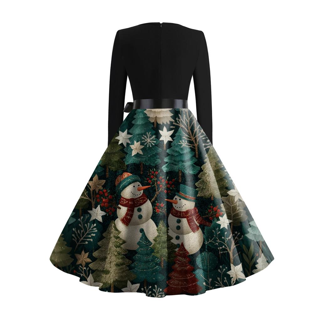 Women's Fashion Round Casual Slim Fit Christmas Print Large Swing Long Sleeve Dress