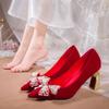 Fashion Rimocy Elegant Ladies Red Silk Wedding Bride Shoes Pearl Bowknot Pointed Toe Pumps Women Sexy Party Dress High Heels Shoes Woman