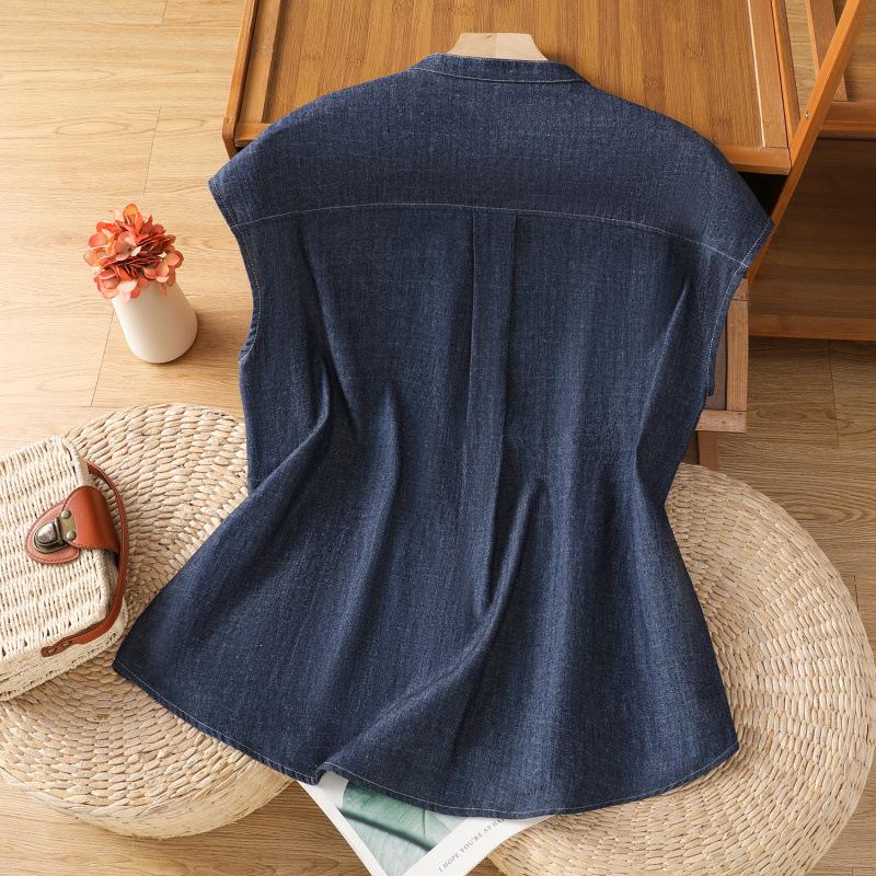 Женская ретро синяя джинсовая летняя рубашка без рукавов 2025