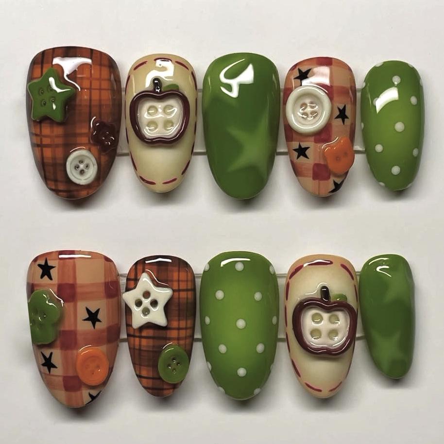 24Pcs Forest Adventure Press On Nails Short Almond Fake Nails With Fox Mushroom Butterfly Apple Designs For Women