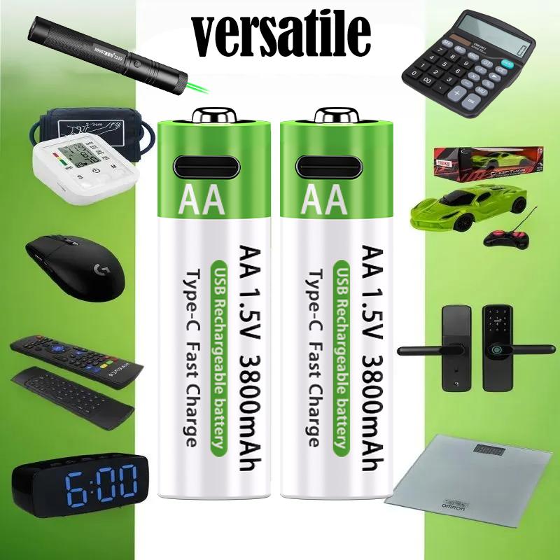 New USB Type-c Rechargeable AA Lithium-ion Batteries 3800mAh 1.5V, with Data Cable & Storage Box,for Mouse/Gamepad/Remote Control