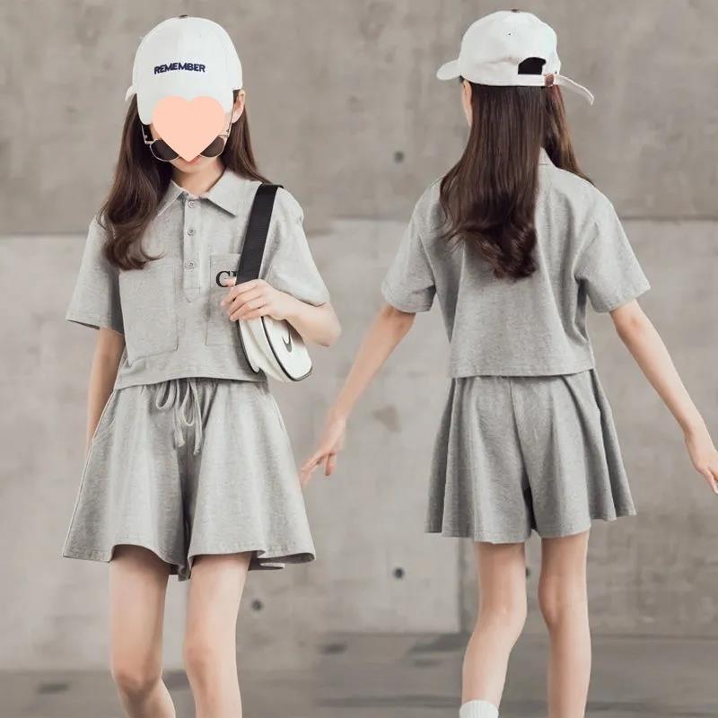 Летний корейский костюм для девочек, детский модный костюм из двух частей с короткими блузками и шортами в западном стиле