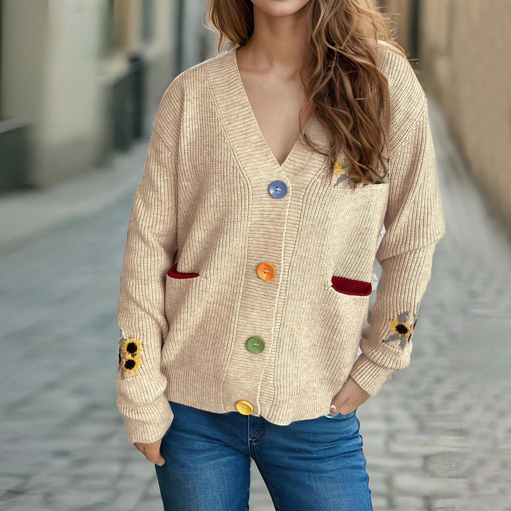 Цветочная вышивка вязаный свитер V-образный вырез контрастного цвета женский свитер повседневное универсальное пальто