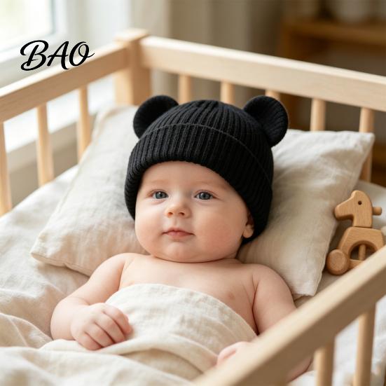 Baby Windproof Headgear for Autumn Knitted Hat, Cute Bear Ear Winter Warm Stretchy Soft Elastic Knit Hat Babies Cozy Skull Cap Newborn Infant Toddler