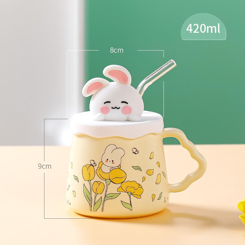 Family Suit Rabbit Ceramic Cup High Value Straw Cup with Lid Cute Cup Souvenir Gift Cup