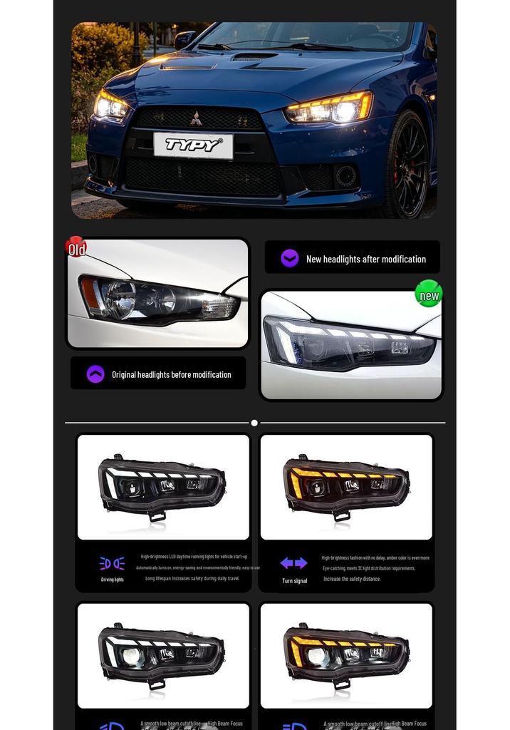 Светодиодные фары Mitsubishi Lancer EX 2010-2016 в стиле RS с ДХО и бегущими поворотниками.