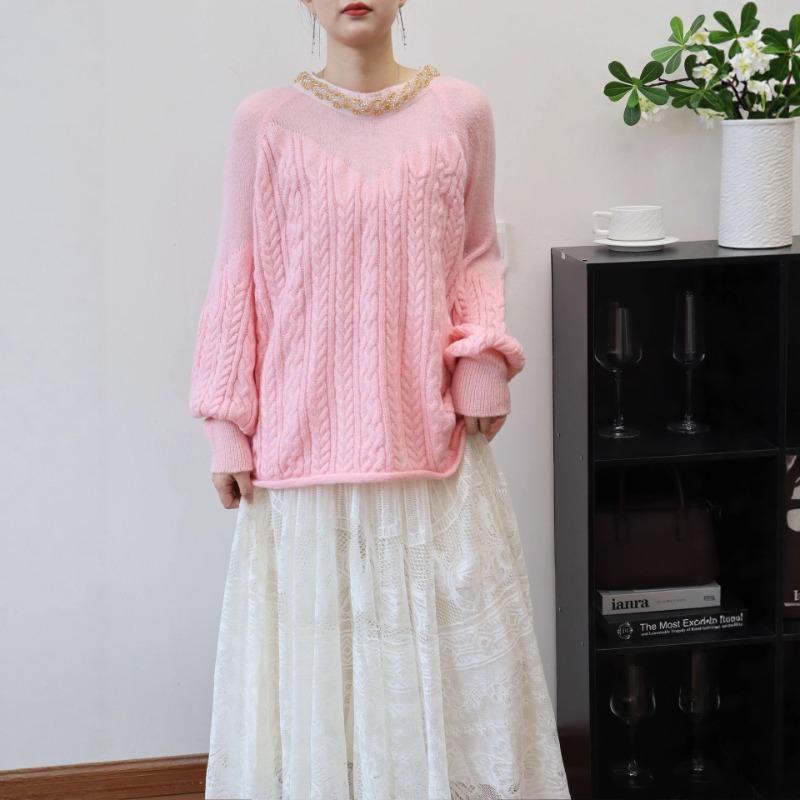 Autumn and Winter New Bead Design Knitted Sweater Top Loose Soft Waxy Gentle Wind Sweater Pullover Woman