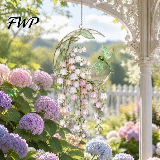 Decorative Hanging Ornament Stained Glass Style Flower Suncatcher, Lily of The Valley Dragonfly Window Acrylic Floral Suncatcher Ornament, Garden Home
