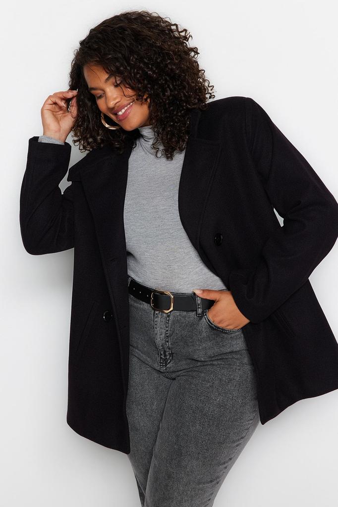 Women's Style Plus Size Black Double Closure Stand Collar Coat