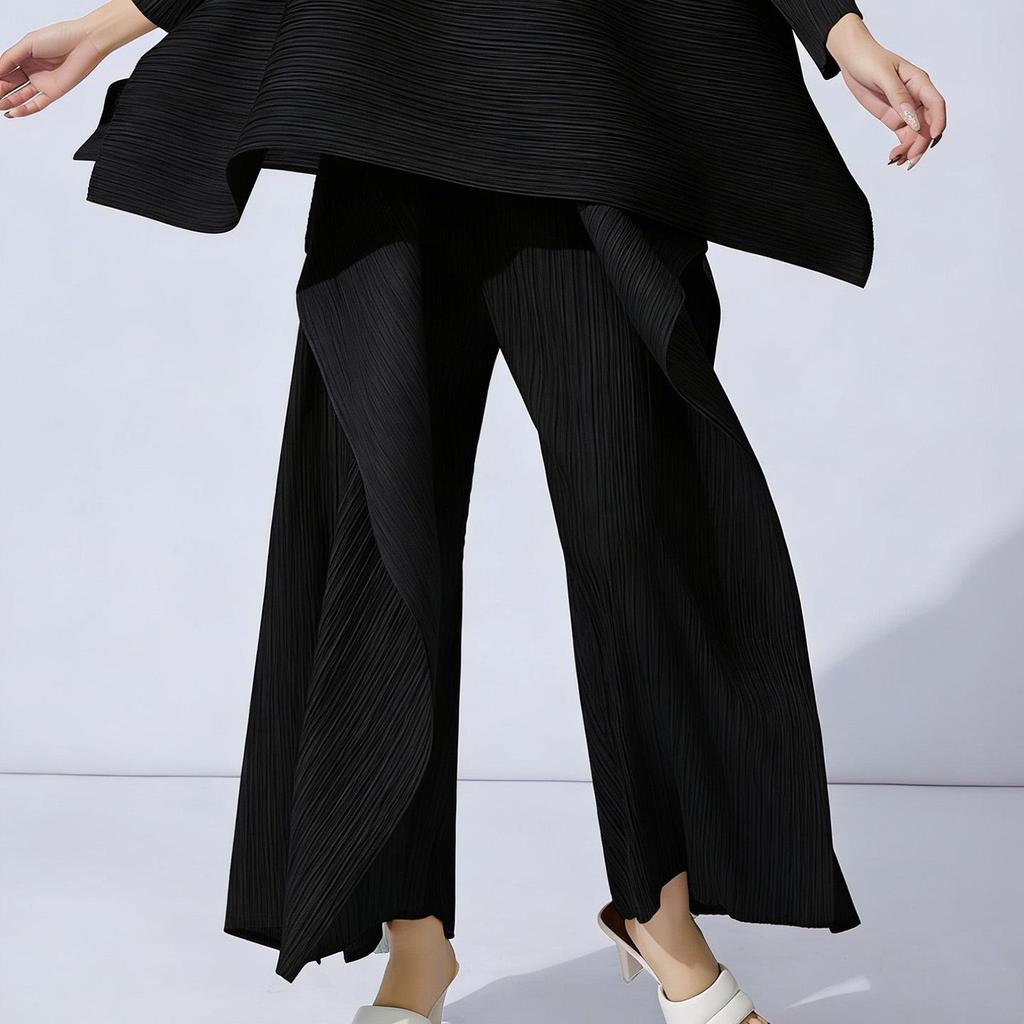 Miyake Pleats 2025 Высококачественный асимметричный плиссированный топ и брюки-клеш - Художественный стройнящий дизайн
