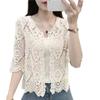Women Knitted Lace Shrug Boho Hollow Crochet Floral 3/4 Sleeves Open Front Cropped Cardigan Elegant Mesh Sweater Coveup