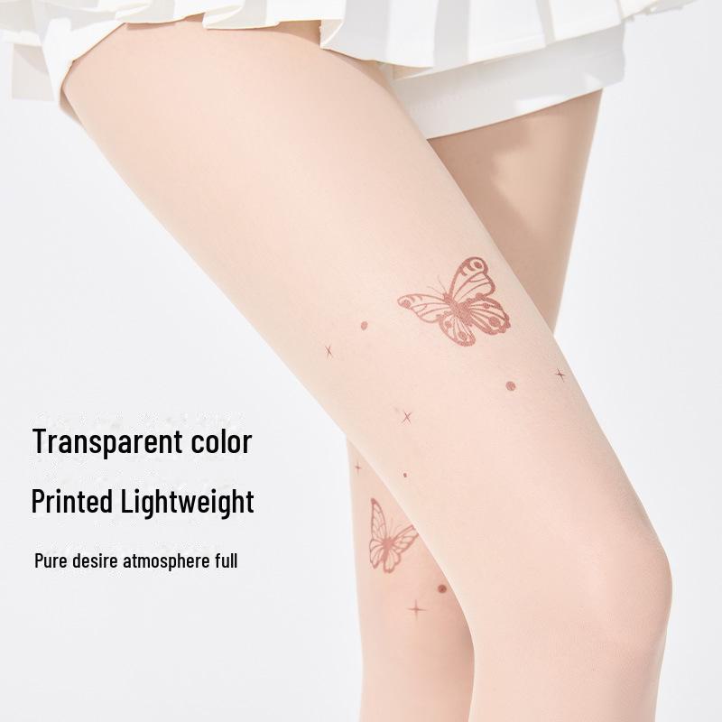 Женские антизацепляющие чулки с татуировками: Прочные, облегающие тонкие колготки с рисунком в виде белых бабочек для защиты от солнца и ухода за кожей весной и летом.