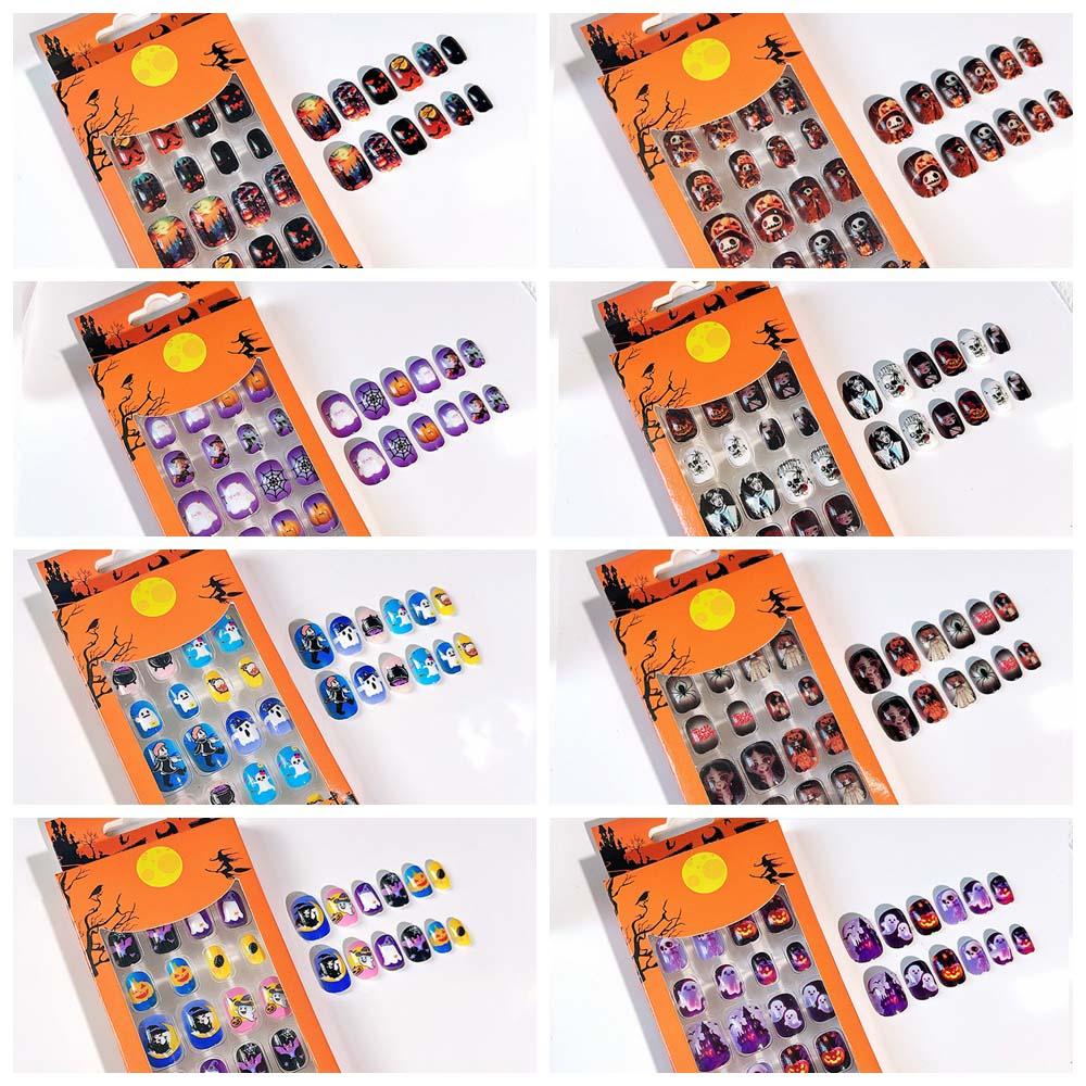 24Pcs/set Pumpkin Children Halloween False Nails Ghost Kids Fake Nail Extension  Girls