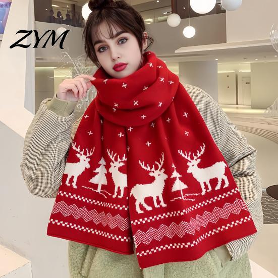 Cozy Thermal Neck Accessory Winter Knitted Scarf for Women, Reversible Fair Isle Snowflake Reindeer Christmas Red And Green Warmer Scarf, Soft