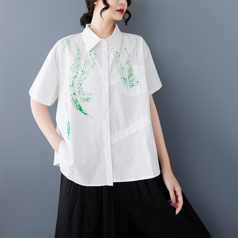 DIMANAF 2025 Plus Size New Summer Blouse Short Sleeve Vintage Printing Casual Women Loose Tops Buttons Shirts