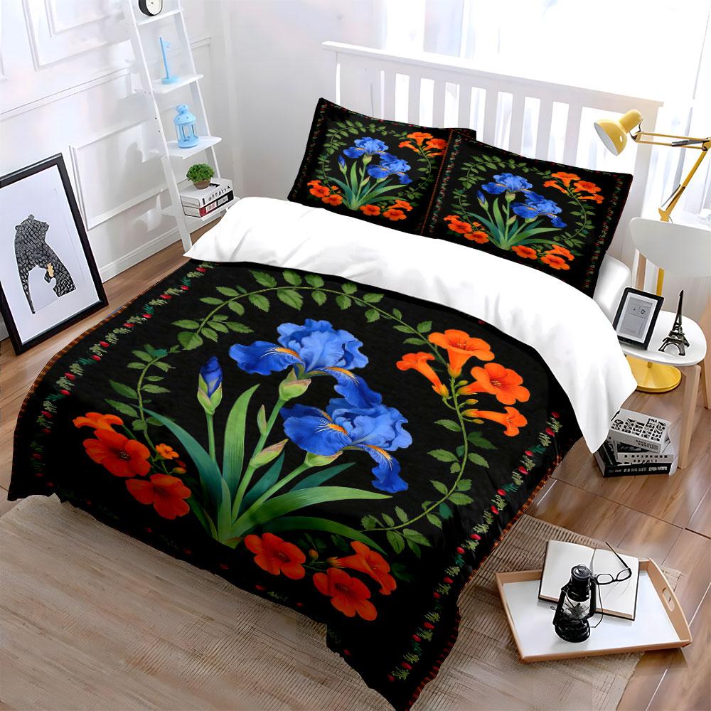 Blue iris, orange flowers. Bedding sets Duvet cover sets Duvet covers Pillowcases(1 * Duvet Cover 2 * Pillowcases without duvet insert)
