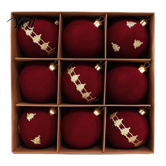Luxury Christmas Tree Bulbs 9Pcs Flocked Ball Ornaments, Burgundy Velvet Balls with Gold Retro Party Supplies Embroidery, Hanging Decor for