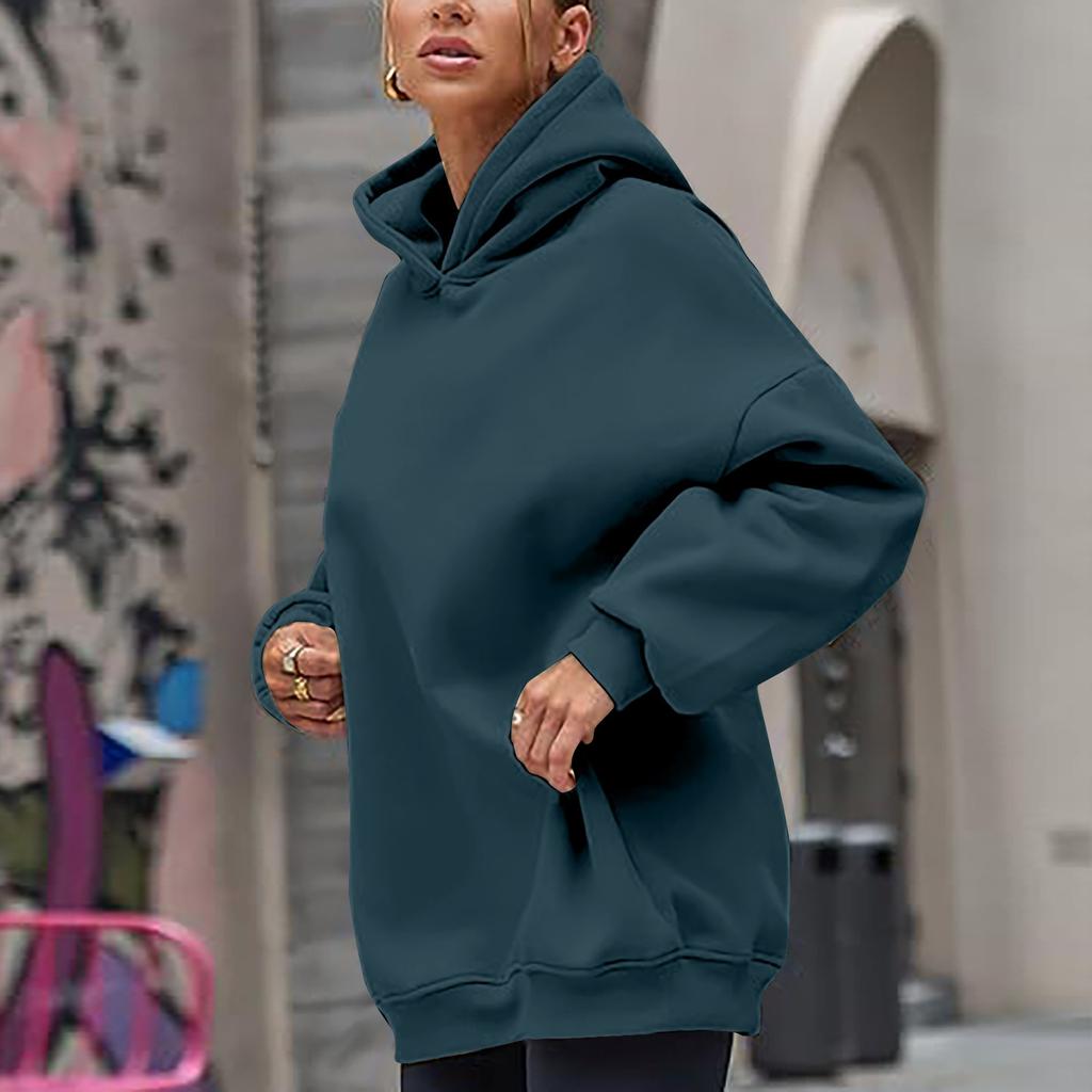 Женская модная повседневная свободная однотонная толстовка с капюшоном и длинным рукавом