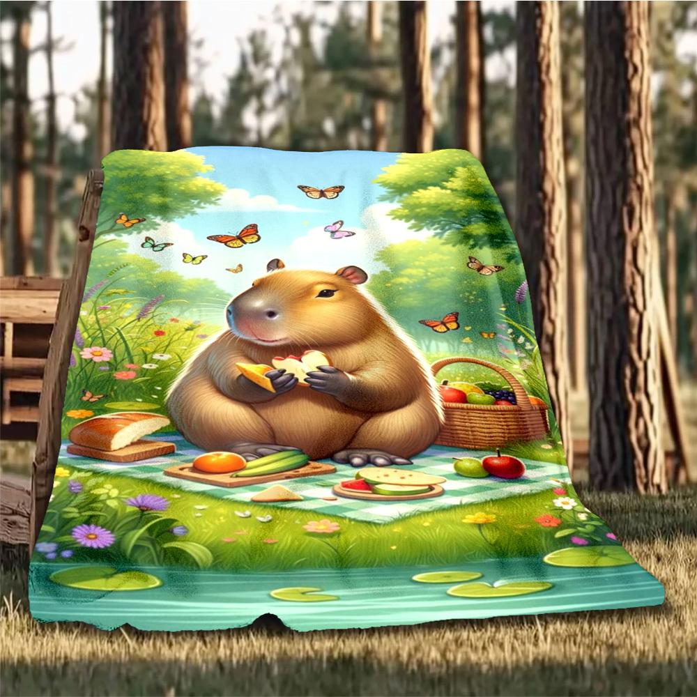 1pc Capybara Picnic Print Outdoor Blanket, Lightweight Polyester,