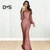 Women Prom Dress Tassel Sleeves Sheath Slim Fit V Neck Solid Color Sequin Fishtail Hem Evening Dress Cocktail Party Maxi Dress