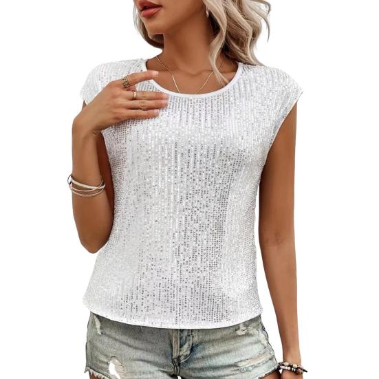 Женская футболка с круглым вырезом без рукавов свободного кроя футболка с блестящими пайетками повседневные футболки стандартного кроя топ повседневная одежда