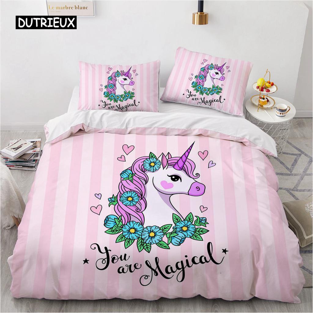 Мультяшный дизайн единорога Комплект пододеяльника Милый чехол для одеяла Постельный комплект Постельное белье Для младенцев Детей Девочек Подарок Украшение спальни