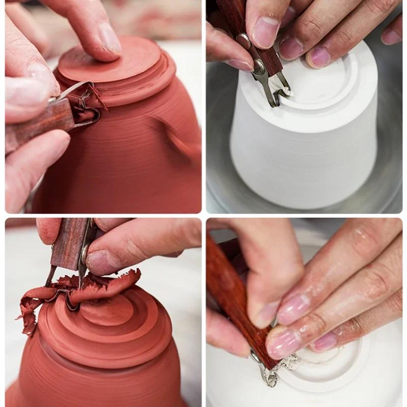 Pottery Sculpture Scraper Clay Extruder Tool DIY Hand Making Tools Teacup Mug Plate Bottom Trimming Tools with Wooden Handle